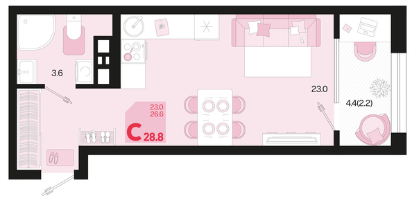 Планировка 1-комн 28,8 м²