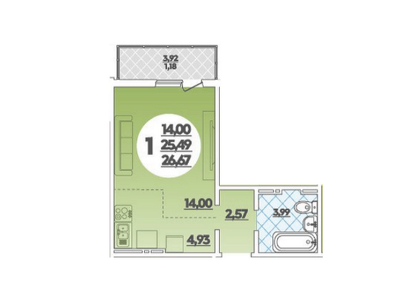 Планировка 1-комн 26,67, 27,33 м²