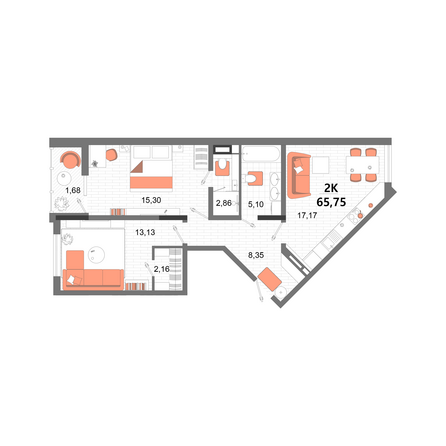 Планировка 2-комн 65,75 м²