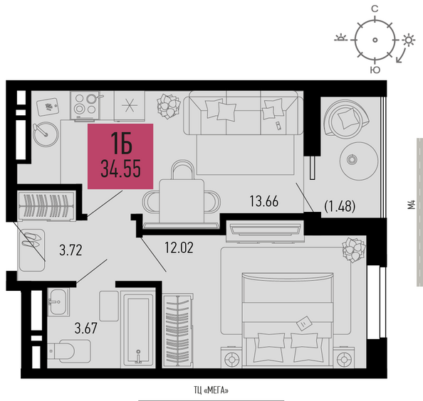 Планировка 1-комн 34,55 м²