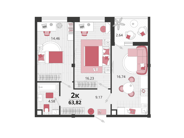 Планировка 2-комн 63,82 м²