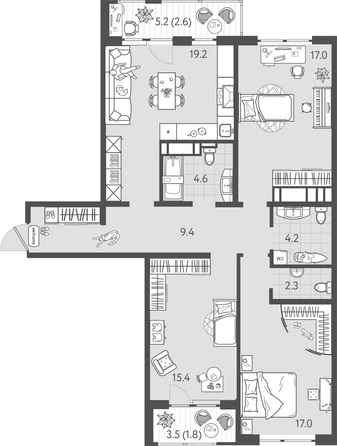 Планировка 3-комн 97,6 м²