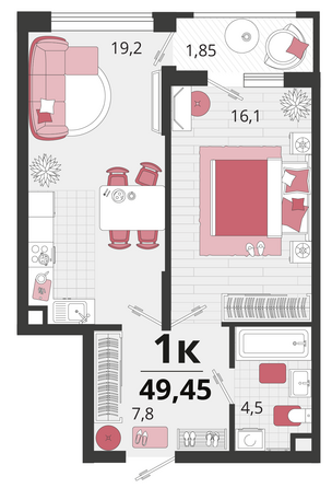 Планировка 1-комн 49,45 м²