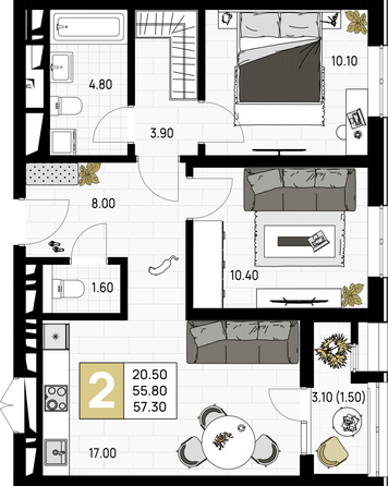Планировка 2-комн 57,3 м²