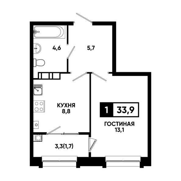 Планировка 1-комн 33,9, 34,2 м²