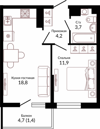 Планировка 1-комн 40 м²