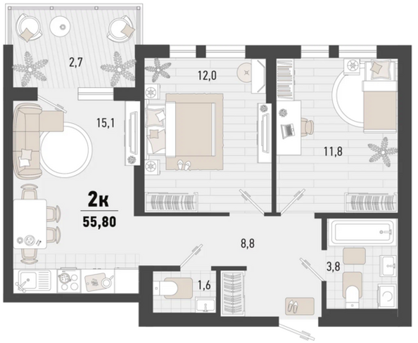 Планировка 2-комн 55,8 м²