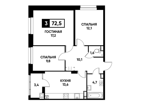 Планировка 3-комн 72,5 м²