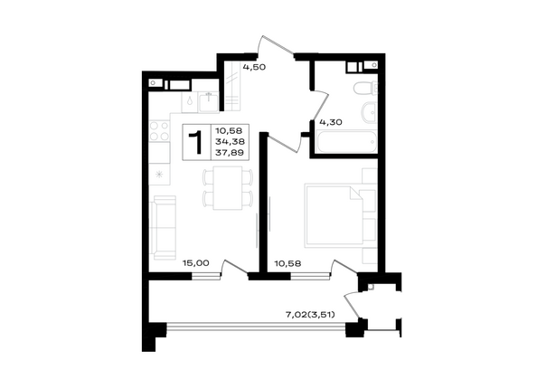 Планировка 1-комн 37,89 м²