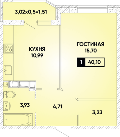 Планировка 1-комн 40,1 м²