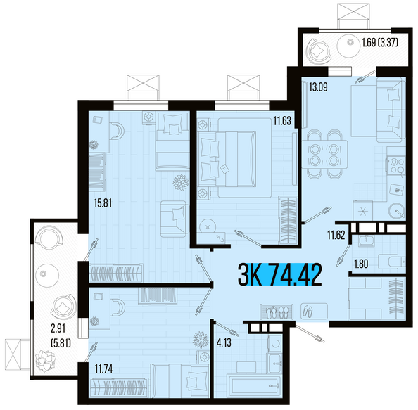 Планировка 3-комн 74,42 м²