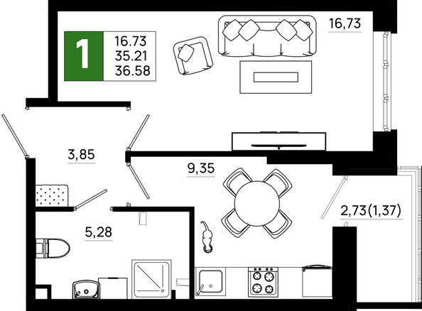 Планировка 1-комн 36,58 м²