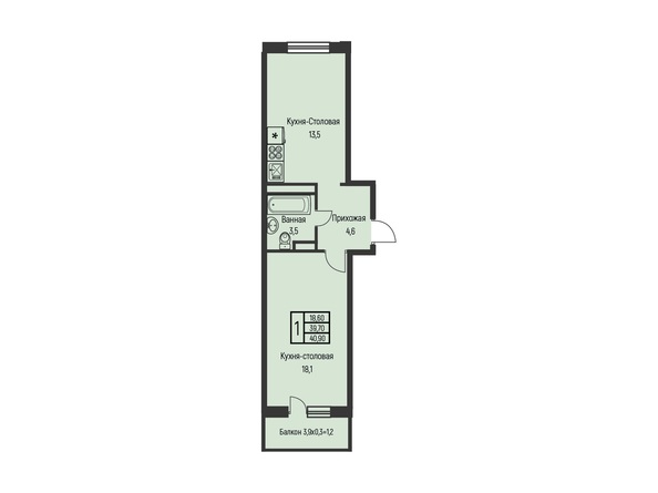 Планировка 1-комн 40,9 м²