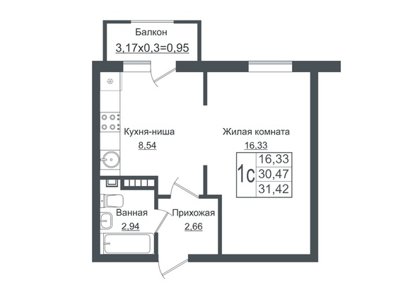 Планировка Студия 31,42 м²