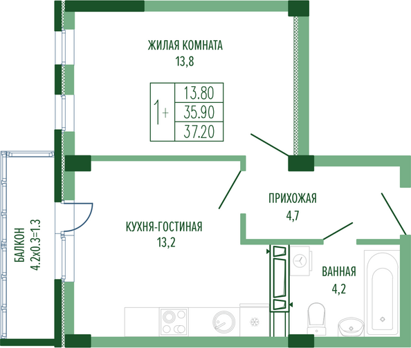 Планировка 1-комн 37,2 м²