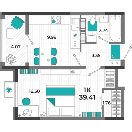 Планировка 1-комн 39,41 м²