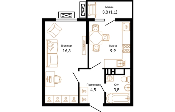 Планировка 1-комн 35,6, 35,7 м²