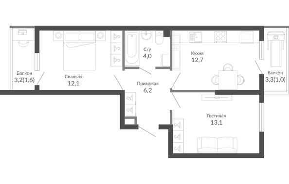 Планировка 2-комн 50,7 м²