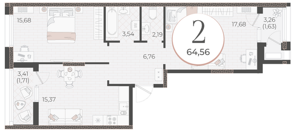 Планировка 2-комн 64,56 м²