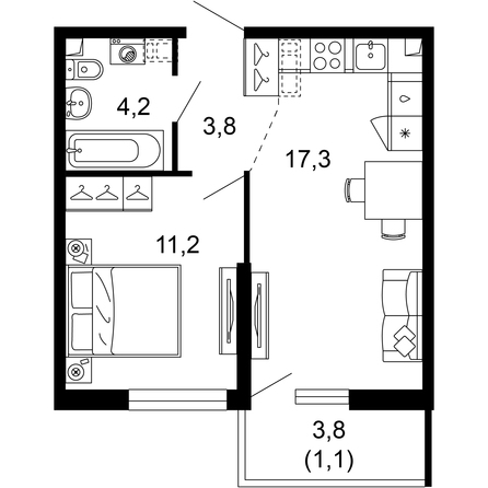 Планировка 1-комн 37,6 м²