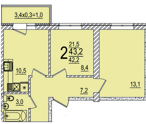 Планировка 2-комн 43,2 м²