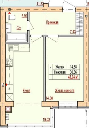Планировка 1-комн 45,04 м²