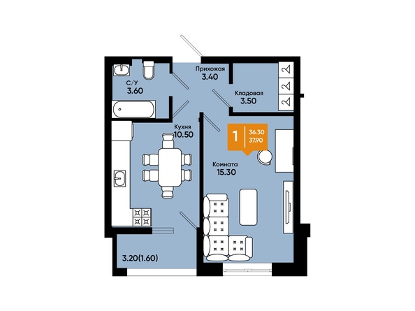Планировка 1-комн 37,9 м²