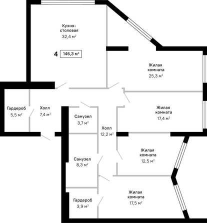 Планировка 4-комн 146,3 м²
