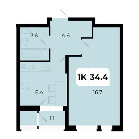 Планировка 1-комн 34,4 м²