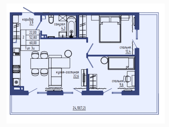 Планировка 3-комн 60 м²