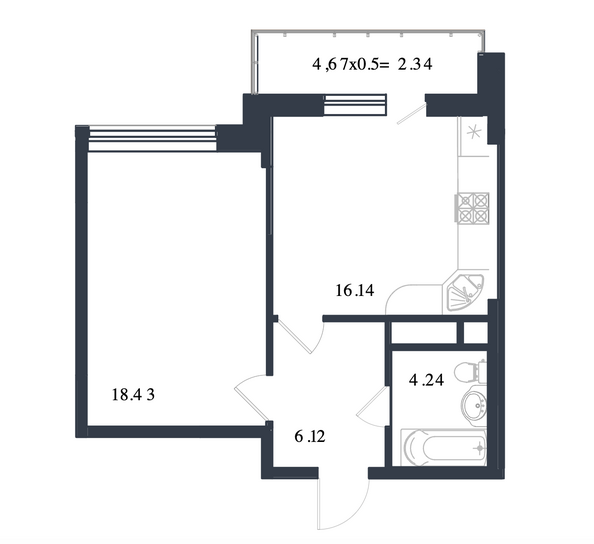 Планировка 1-комн 47,27 м²