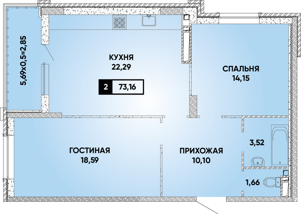 Планировка 2-комн 73,16 м²