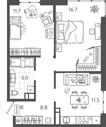 Планировка 2-комн 53,7 м²