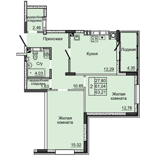 Планировка 2-комн 63,21 м²
