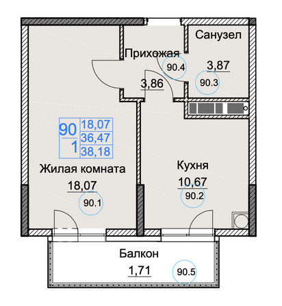 Планировка 1-комн 38,18 м²