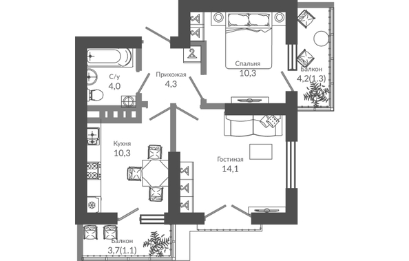 Планировка 2-комн 45,4 м²