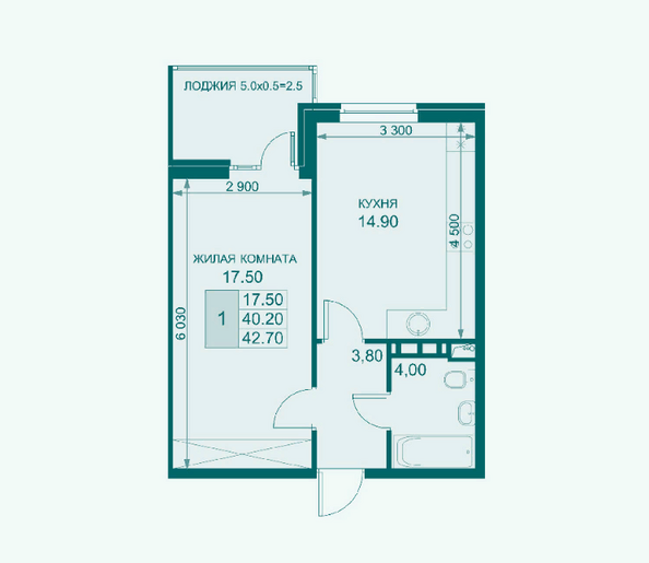 Планировка 1-комн 42,7, 43,1 м²