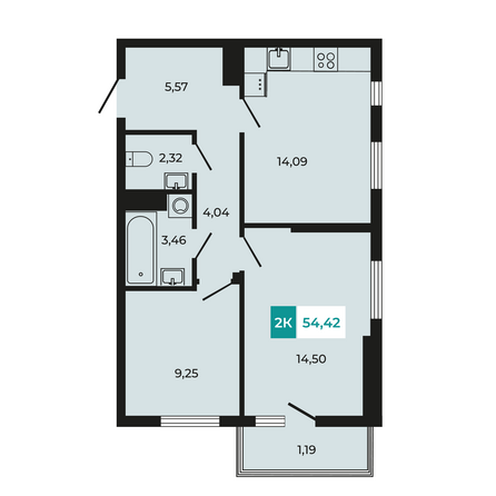 Планировка 2-комн 54,42 м²