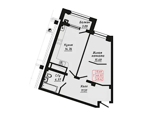 Планировка 1-комн 49,42 м²