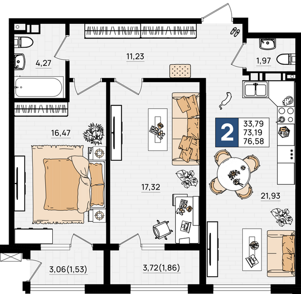Планировка 2-комн 76,58 м²