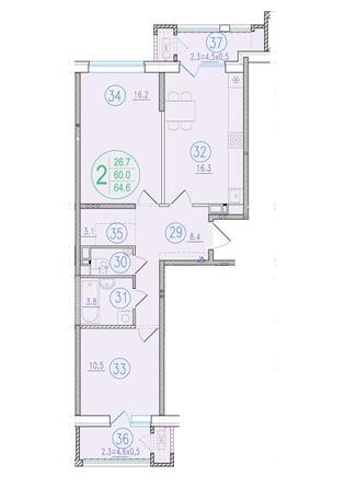 Планировка 2-комн 64,6 - 65,2 м²
