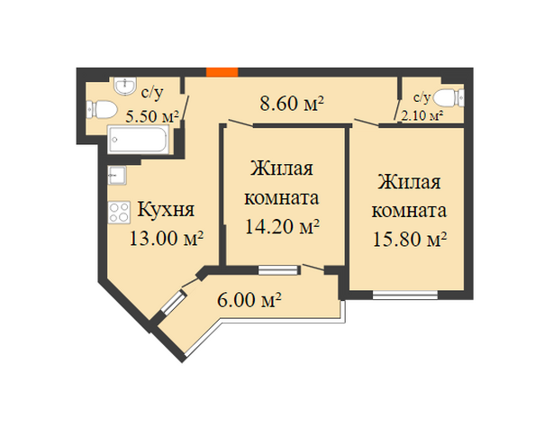 Планировка 2-комн 61,2 - 62,3 м²