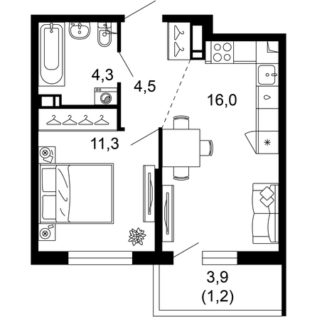 Планировка 1-комн 37,3 м²