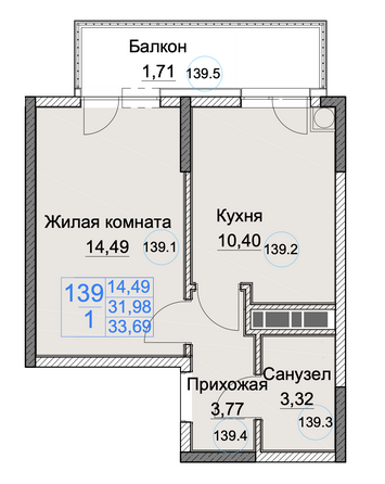 Планировка 1-комн 33,69 м²
