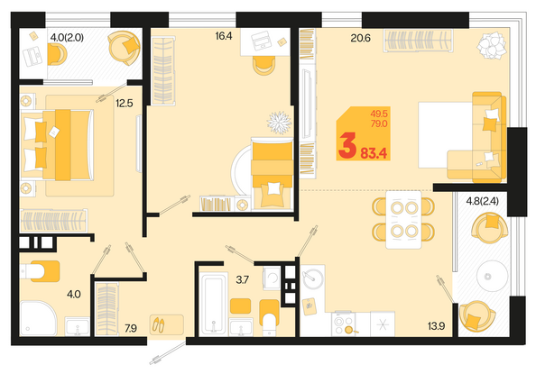 Планировка 3-комн 83,4 м²