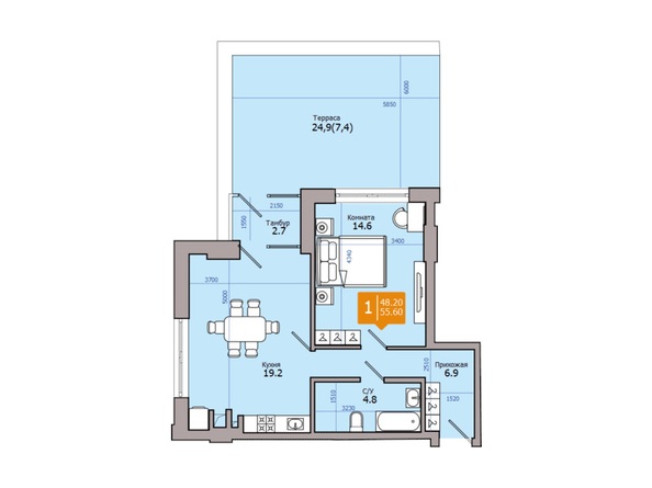 Планировка 1-комн 55,2, 55,6 м²