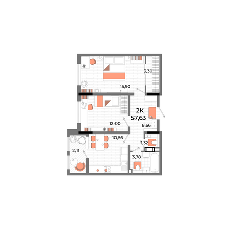 Планировка 2-комн 53,5 м²