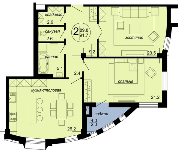 Планировка 2-комн 91,7 м²