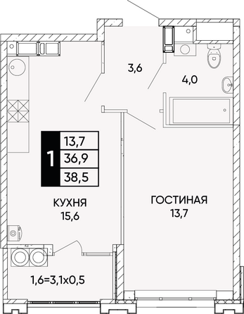 Планировка 1-комн 38,5 - 38,9 м²
