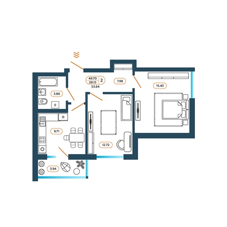 Планировка 2-комн 53,64 м²